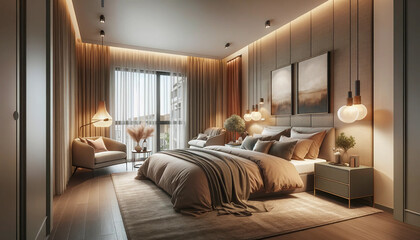 A stylish and cozy bedroom in a modern apartment. The bedroom is designed with a comfortable and large bed, topped with soft, high-quality bedding