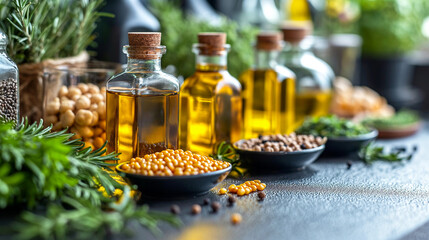 bottles of golden cooking oils, a variety of legumes like chickpeas and lentils, and fresh herbs on a dark kitchen surface - obrazy, fototapety, plakaty