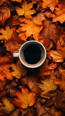 A warm cup of coffee encircled by a bed of vibrant autumn leaves, signifying the change of season and warmth.