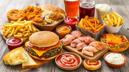 Fototapeta premium variety of fast food items including a cheeseburger, fries, fried chicken, sauces, cheese bread, and drinks on a wooden surface