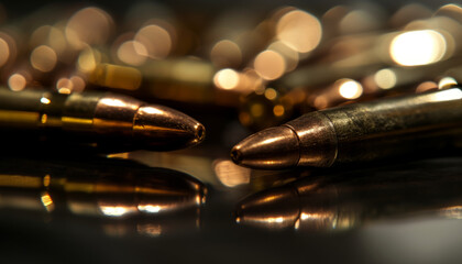 Bullets for weapons on the table. - obrazy, fototapety, plakaty