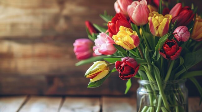A cheerful bouquet of multi-coloured tulips in a glass vase against a rustic wooden backdrop.