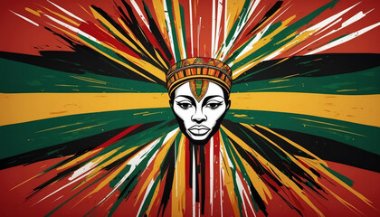 African flag with dripping paintings and face of African woman. AI generated