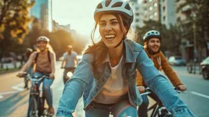 Young riders cycling through a colorful urban district, their laughter and cheerful chatter adding to the vibrant atmosphere - obrazy, fototapety, plakaty