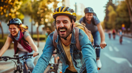 Young people riding bicycles along a beachside path, laughing and relishing the coastal scenery and fresh air - obrazy, fototapety, plakaty
