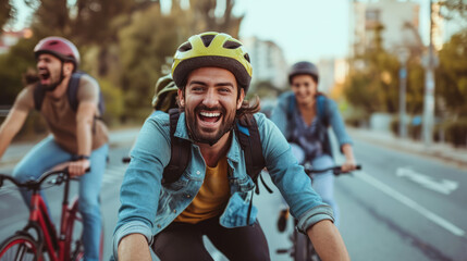 A group of young people joyfully cycling through the city, laughing and enjoying their urban adventure on bicycles