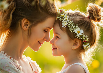 Naklejka premium An artistic portrayal of a mother and child in a gentle embrace, surrounded by a dreamy, ethereal atmosphere