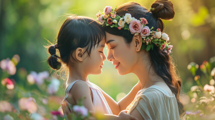 Naklejka premium Mother and child sharing a tender moment in a sunlit meadow, surrounded by wildflowers. The mother's gentle smile and the child's joyful expression convey love and security