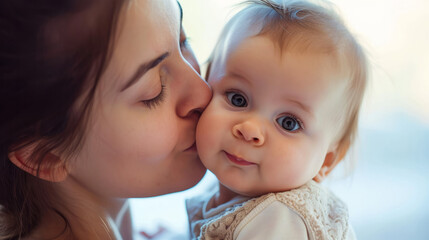 A mother tenderly kissing her child on the forehead, a moment of pure love and comfort, in a serene setting