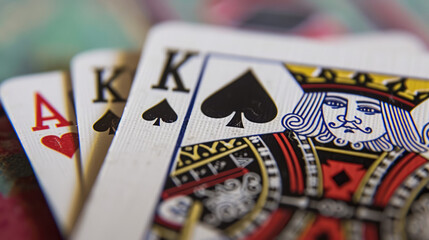 A close-up of playing cards on a table, featuring the King of Spades. - obrazy, fototapety, plakaty