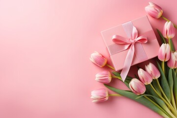 Obraz na płótnie Canvas Pink gift present box with tulips on a pink background for birthday, valentine's day or wedding anniversary with copy space for text