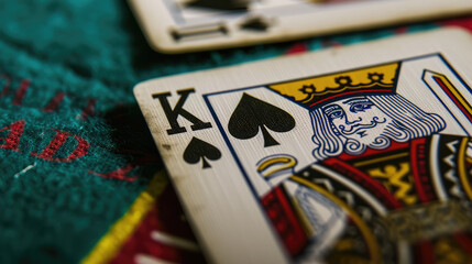 A close-up of playing cards on a table, featuring the King of Spades. - obrazy, fototapety, plakaty