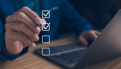 Checklist concept, business person checklist tick answer sign in checkbox, validation online...