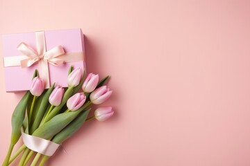 Pink gift present box with tulips on a pink background for birthday, valentine's day or wedding anniversary with copy space for text