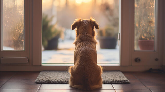 The dog sits at the door and waits for its owner
