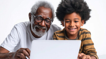Happy elderly African american grandfather with his cute grandson using laptop together