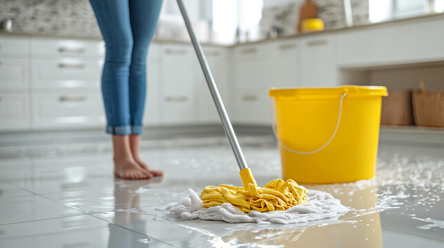 Young woman cleaning the white floor in the kitchen with a wet mop at home, copy space. unchanging concept of hygiene, bucket and lifestyle