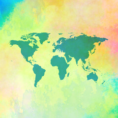 Colorful watercolor poster with world map on green tones. 