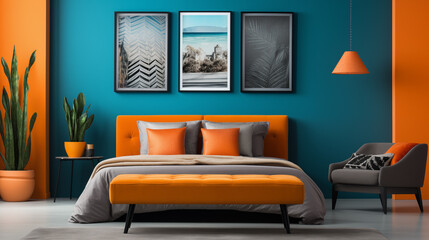 Modern Art Deco Bedroom Interior Design with Blue and Orange Details