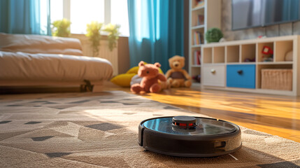 robot vacuum cleaner cleans the carpet in the children's room