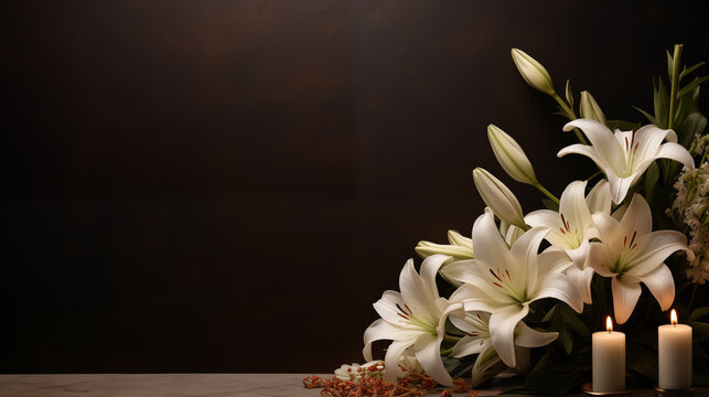 Beautiful light colored small chrysanthemum flowers and burning candle on black background with space for text	