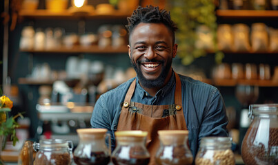 Handsome Black African Barista with Short Hair and Beard Wearing Apron is Smiling in Coffee Shop Restaurant. - obrazy, fototapety, plakaty