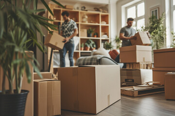 Worker are moving cardboard boxes and furniture to new home. Moving house service concept