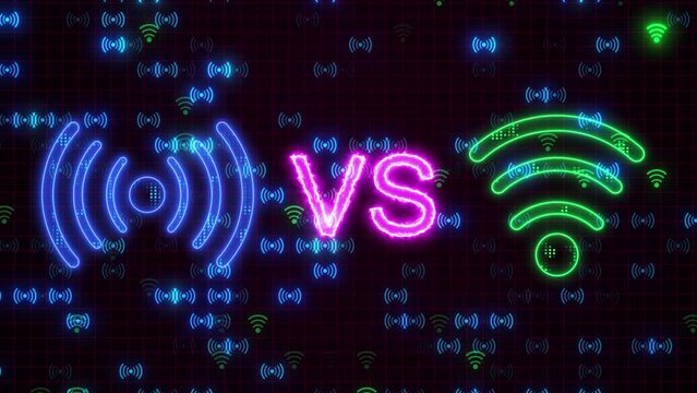 Wireless Hotspot Vs Wifi Network And Sharing High Tech Digital Background. Neon Hotspot Vs Wifi Network Icon Animation War Concept. Futuristic Mobile Hotspot And Wifi Network Animated High Tech Digita