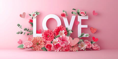 Love als Schriftzug in rosa Farben mit Herzen und Blumen als Dekoration und Druckvorlage im Querformat, ai generativ