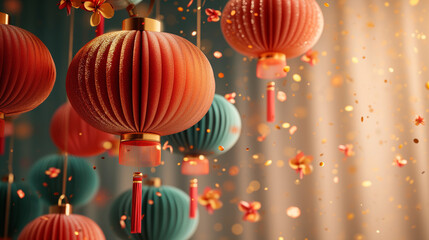 Chinatown lantern hanging at small street, 3d rendering illustration background for happy chinese...
