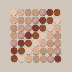 Square Pattern of color gradient swatches of eye shadows on neutral colored background. Beige brown skintone natural color eyeshadow powder, shiny an matte, minimal aesthetic photo, top view