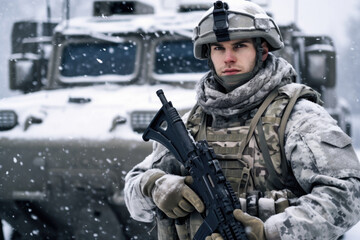Portrait man Soldier go attack with machnine gun weapon in winter snowy cold weather