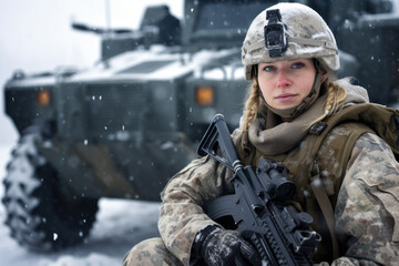 Portrait woman Soldier go attack with machnine gun weapon in winter snowy cold weather