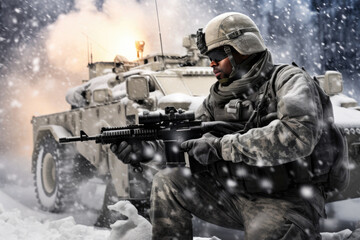 infantry soldier in uniform walking over snow covered landscape, Military conflict or war concept