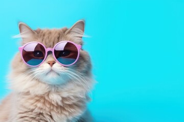 Cat wearing sunglasses on blue background half body summer vacation