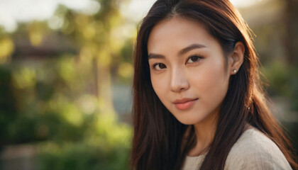 Fototapeta premium Young Asian Woman with Radiant Smile and Almond-Shaped Hazel Eyes - Minimal Makeup, High Ponytail, Soft Light Headshot