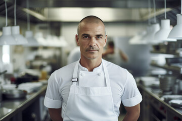 Fototapeta premium Photo portrait of passionate chef, adorned in pristine culinary whites standing beside a modern organized bright kitchen 