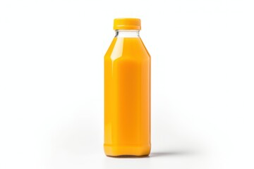 Orange juice bottle seen from the front on a white background