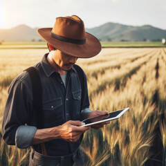 Man farmer in hat walking the field of wheat and using tablet computer. Agricultural concept. ai generative