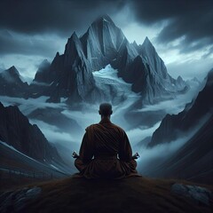Great Buddha Monk meditating in front of Big Dark massive mountain Monestery Kailash alps himalayas yogi Monk Dhyaan mudra cinematic scene Tibet Niravana Enlightenment Focus motivation inspiration - obrazy, fototapety, plakaty