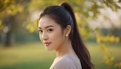 Young Asian Woman with Radiant Smile, Almond-Shaped Hazel Eyes, Wearing White Top and Earrings, Posing in Soft Light