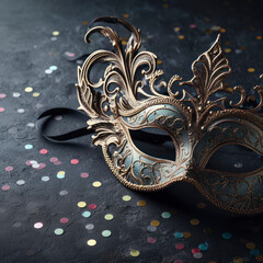 masquerade mask on dark background with confetti. ai generative