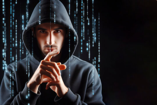 male hacker cracking the binary code on black background. ai generative