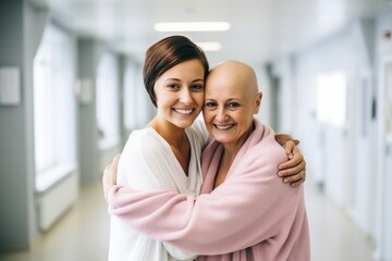 Young woman hugging older mother with cancer in hospital