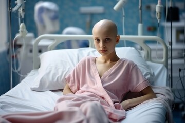 Little girls without hair with cancer in hospital bed