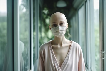 Portrait of Young woman with cancer and without hair in hospital