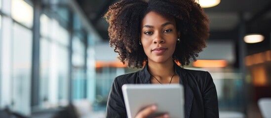 Black woman in office using tablet to search for technology, corporate communication, social media, online networking, email, and website connection. - obrazy, fototapety, plakaty