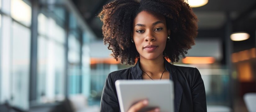 Black Woman In Office Using Tablet To Search For Technology, Corporate Communication, Social Media, Online Networking, Email, And Website Connection.