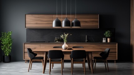 large kitchen room with modern interior design with wood table and chairs for home against the background a dark classic wall