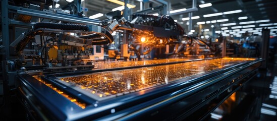 Fototapeta na wymiar Solar Panel Production Line with advanced Robot Arm in modern Factory